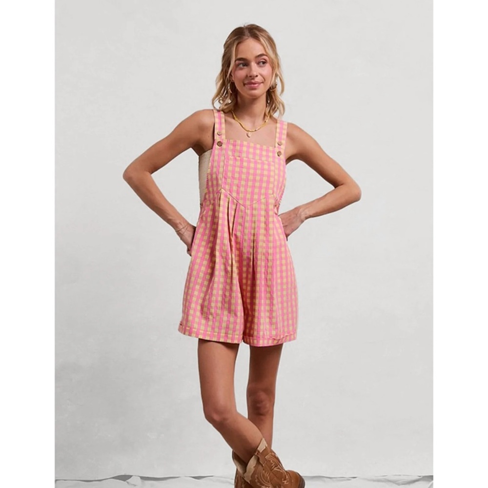 NWT Unique Vintage Pink Gingham Short Overalls